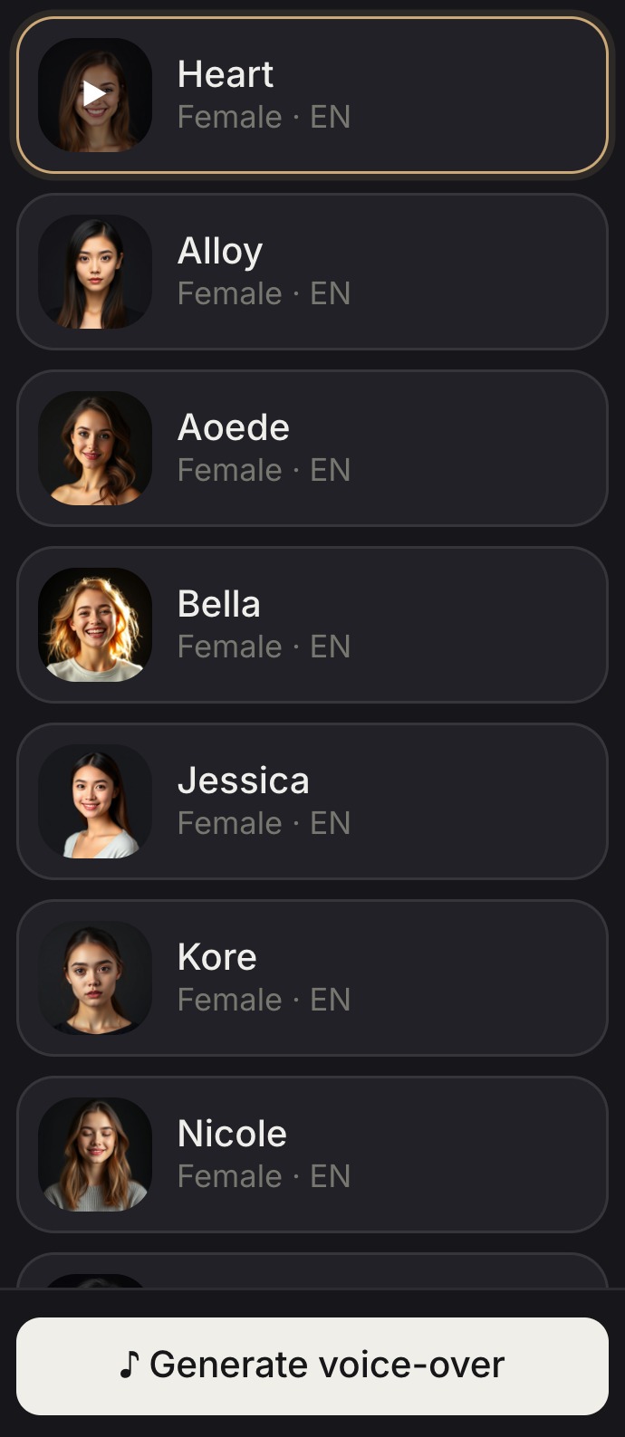 A dozen voices, each playable before you commit